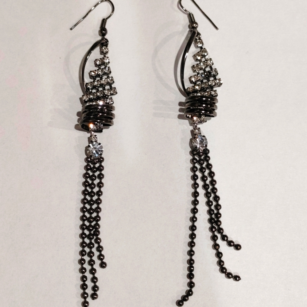 Rhinestone and gunmetal long chain tassel earrings